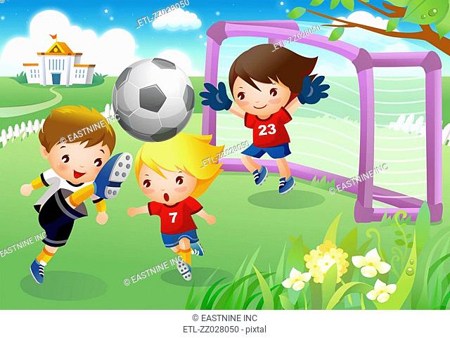 Three boys playing soccer
