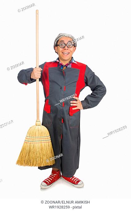 Funny janitor isolated on white