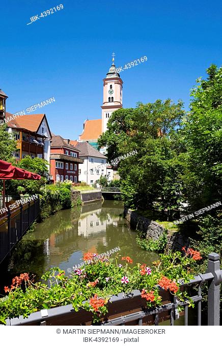 River Kammel and Church St. Michael, Krumbach, Swabia, Bavaria, Germany