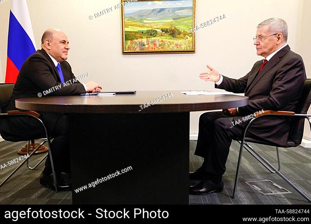 RUSSIA, MINERALNYE VODY - MAY 3, 2023: Russia's Prime Minister Mikhail Mishustin (L) and Presidential Envoy to Russia's North Caucasian Federal District Yuri...