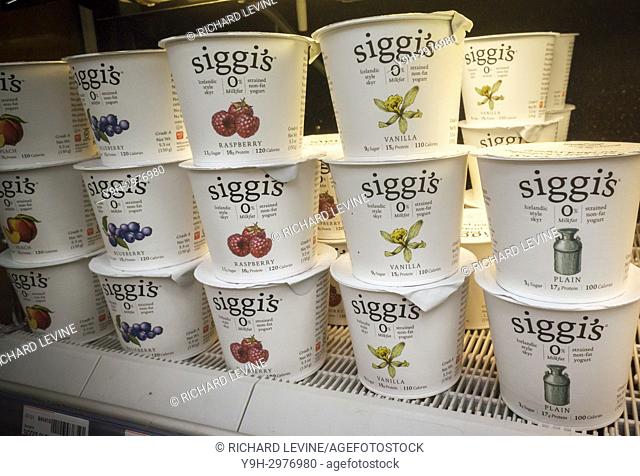 Containers of Siggi's Icelandic-style yogurt in a cooler in New York on Friday, October 13, 2017. The Icelandic Milk and Skyr Corporation