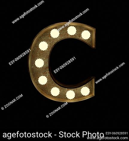 Metal letter C with small lamps on a dark background, 3d rendering
