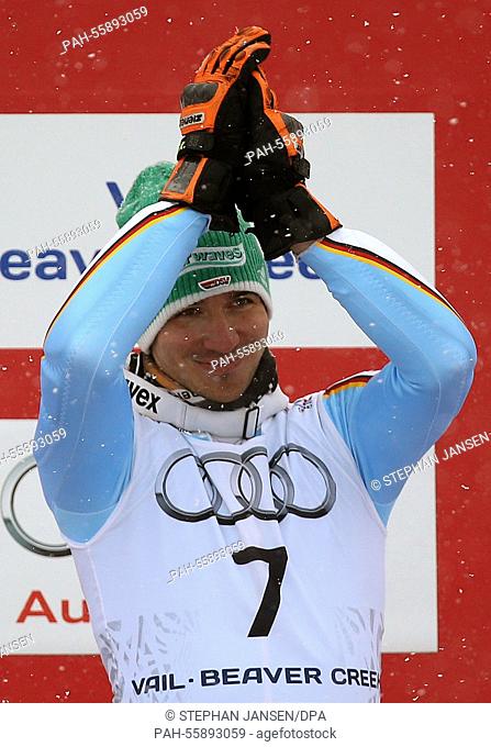 Felix Neureuter of Germany (bronze) reacts after the mens slalom at the Alpine Skiing World Championships in Vail - Beaver Creek, Colorado, USA