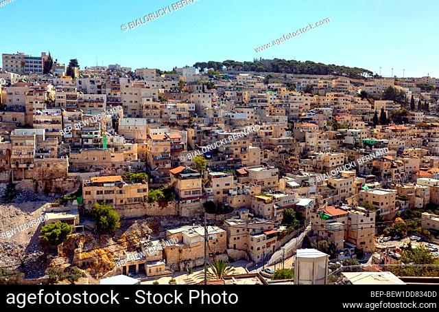 Jerusalem, Israel - October 12, 2017: Panoramic view of hillside households of Kidron Valley aside ancient City of David quarter of Jerusalem Old City