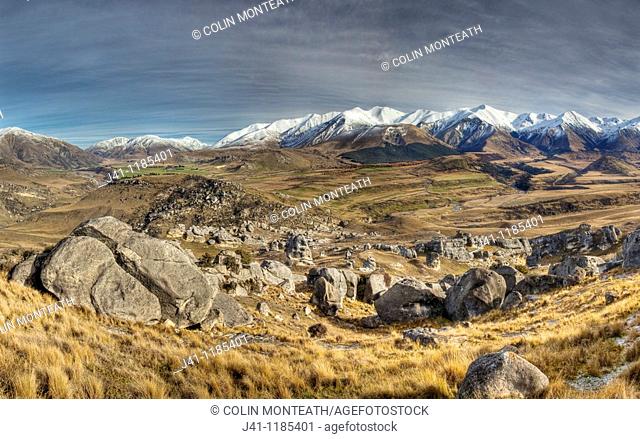 Craigieburn range from Flock hill limestone boulders, early winter, Castle hill basin, Canterbury high country, New Zealand