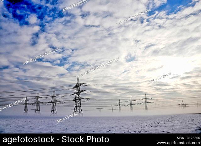 High-voltage lines at Niederaussem, North Rhine-Westphalia, Germany