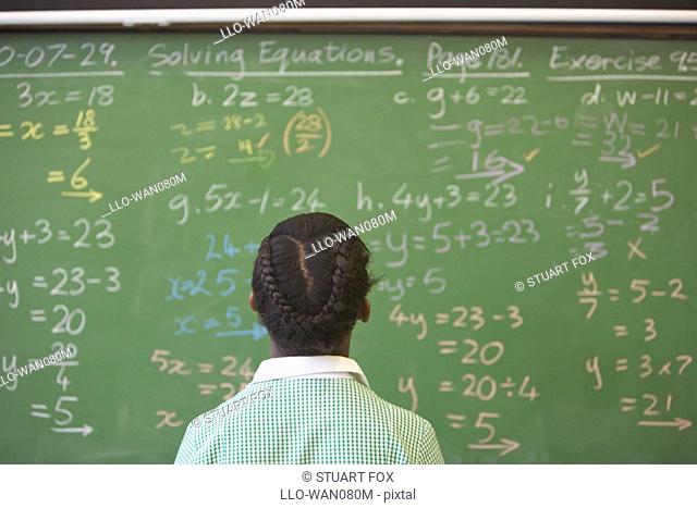 Schoolgirl looking at chalkboard with algebra sums, KwaZulu Natal Province, South Africa