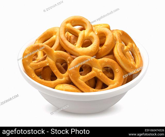Salted pretzels in bowl isolated on white background with clipping path