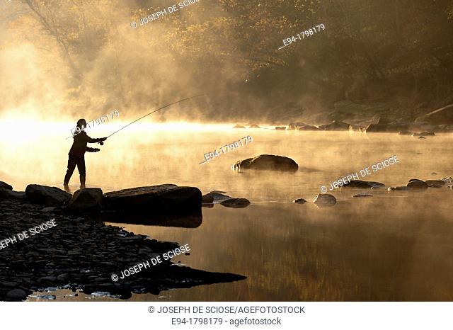 Silhouette profile of a young woman casting with a fly fishing rod by a stream early in the morning, north central, Alabama, USA