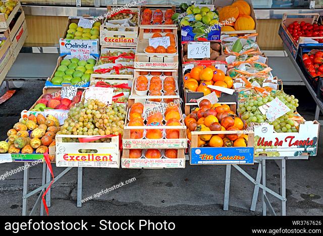 Trieste, Italy - October 14, 2014: Fresh Vegetables Produce at Farmers Market Stall in Trieste, Italy