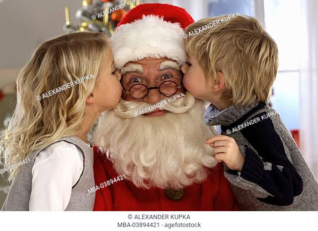 Christmas, Nikolaus, smile, children, cheeks, kiss, simultaneously, happily, gratitude, portrait, Nikolaus-evening, Christmas Eve, people, man, outfit