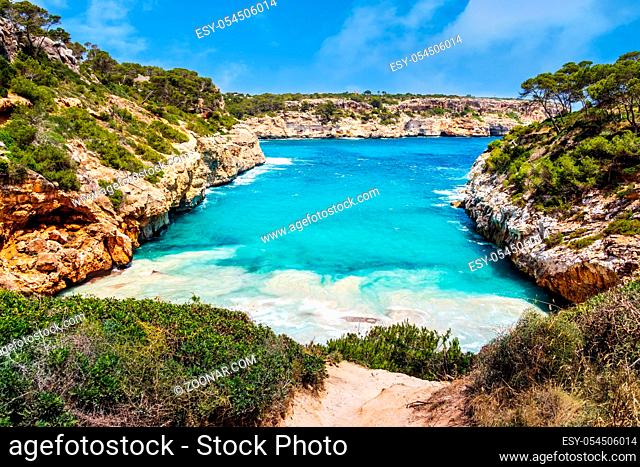 Beautiful beach and bay with turquoise sea water, Cala des Moro, Santanyi, Mallorca island, Spain