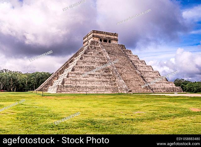 The infamous Maya pyramid in Yucatan, Mexico attracts millions of visitors. This is a rare shot of Chichen Itza with no tourists