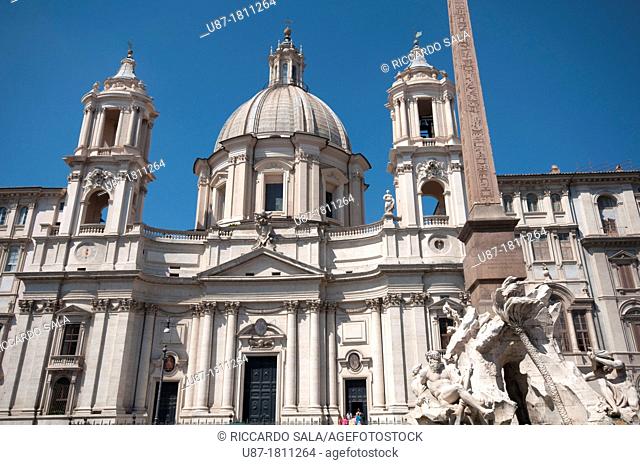 Italy, Lazio, Rome, Piazza Navona, Fountain of the Four Rivers by Bernini background Saint Agnese in Agone Church