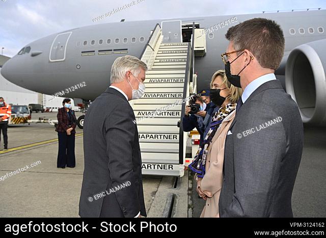 King Philippe - Filip of Belgium, Flemish Minister Hilde Crevits and Vice-prime minister Pierre-Yves Dermagne pictured at Melsbroek Airport ahead of the...