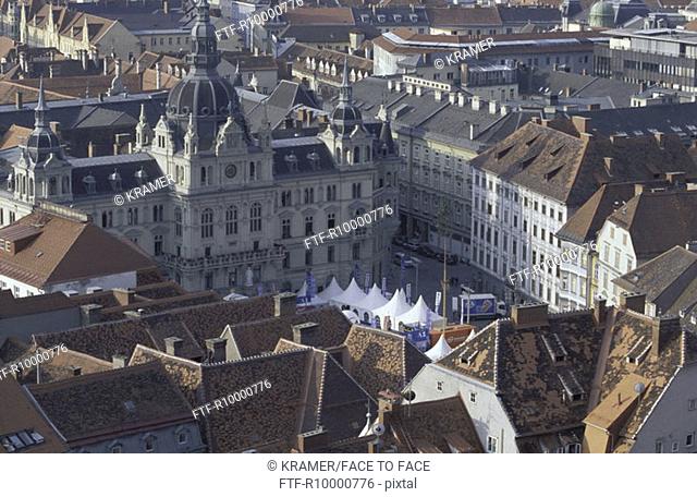 Austria, Graz, main square with guildhall, view from Schlossberg