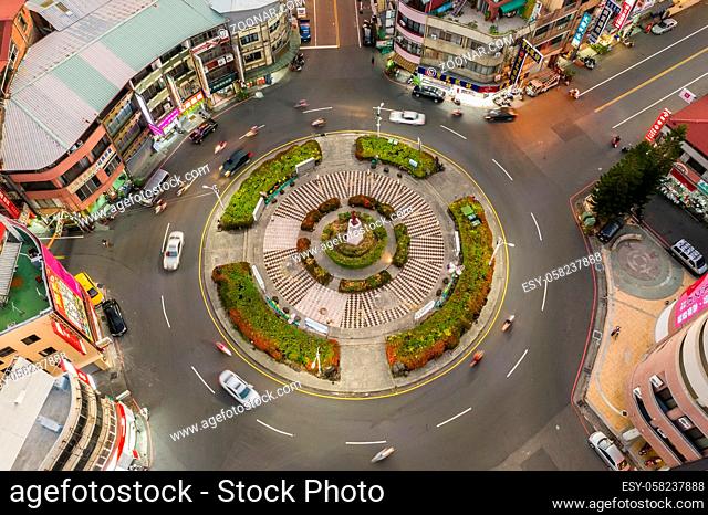 Nantou, Taiwan - November 5th, 2019: aerial view of Puli town with buildings in the evening, Nantou, Taiwan