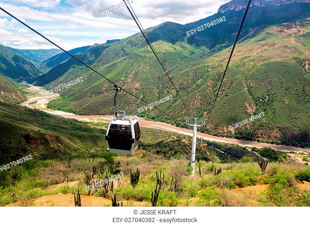 Aerial tram in majestic Chicamocha Canyon in Santander, Colombia