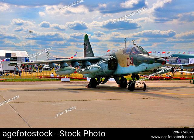 MOSCOW, RUSSIA - AUG 2015: attack aircraft Su-25 Frogfoot presented at the 12th MAKS-2015 International Aviation and Space Show on August 28, 2015 in Moscow