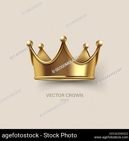 Vector 3d Realistic Golden Crown Icon Closeup Isolated. Yellow Metallic Crown Design Template. Gold Royal King Crown. Symbol of Imperial Power