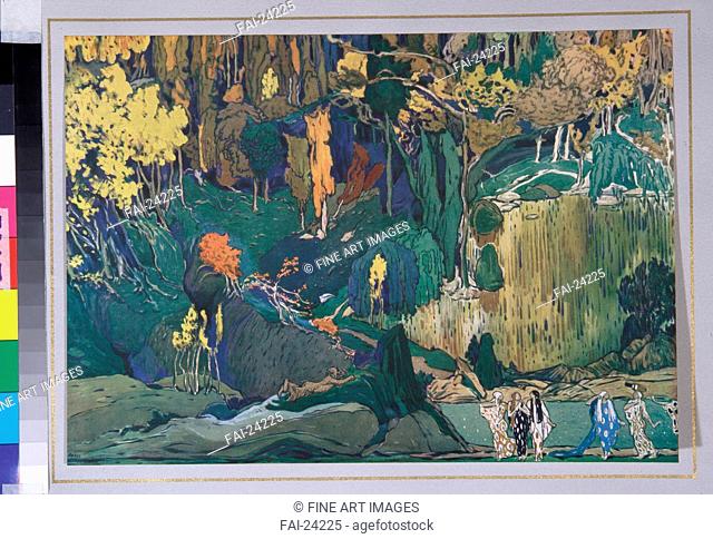 Stage design for the ballet The Afternoon of a Faun by C. Debussy. Bakst, Léon (1866-1924). Colour lithograph. Theatrical scenic painting. 1912