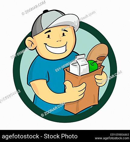 Grocery delivery courier with a paper bag with food