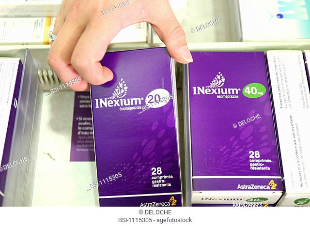 Photo essay for press only. Chemist's shop. Nexium, an ulcer medication esomeprazole, a proton pump inhibitor used for treating gastro-oesophageal reflux and...