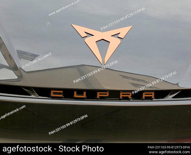30 October 2023, North Rhine-Westphalia, Cologne: Logo, lettering of the Spanish car manufacturer CUPRA, a subsidiary of the car manufacturer Seat