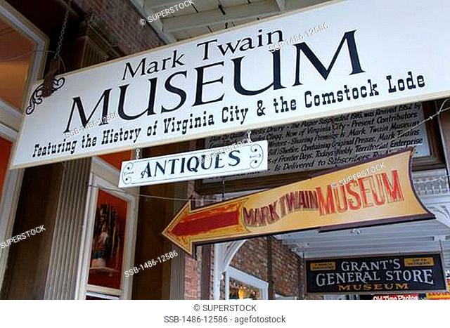 Signboard of a museum, Mark Twain Museum, Virginia City, Nevada, USA