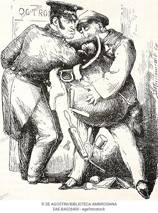 Steam train trip: a customs officer checking luggage, illustration by Ledrad from the Journal pour rire, Journal Amusant, No 182, June 25, 1859
