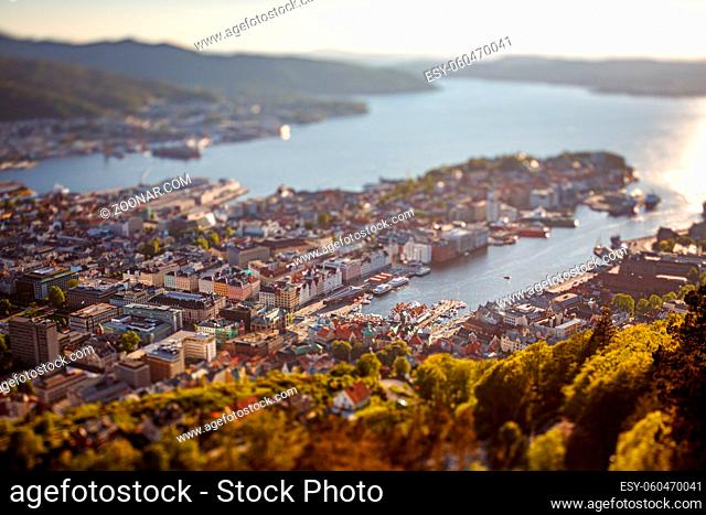 View on Bergen Norway. Tilt shift lens. Bergen is a city and municipality in Hordaland on the west coast of Norway. Bergen is the second-largest city in Norway