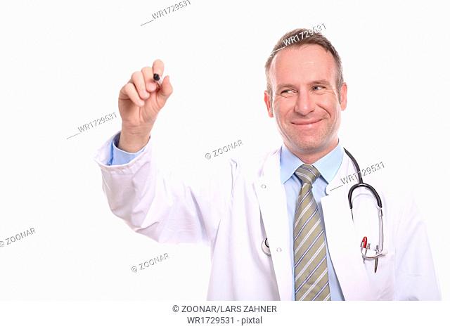 Confident male doctor writing on a virtual screen