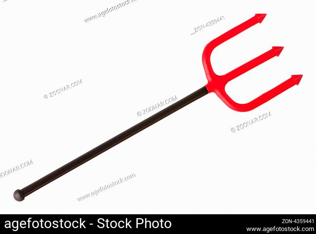 Red plastic trident isolated on white background