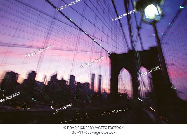Downtown skyline and Brooklyn Bridge. New York City. USA