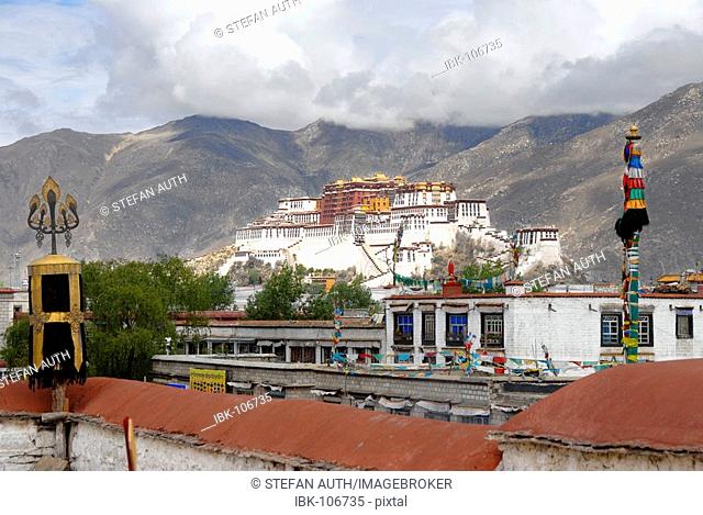 View from the roof of Jokhang Temple to Potala Palace Lhasa Tibet China