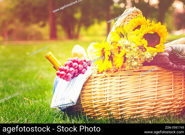 Summer picnic with a basket of food in the park