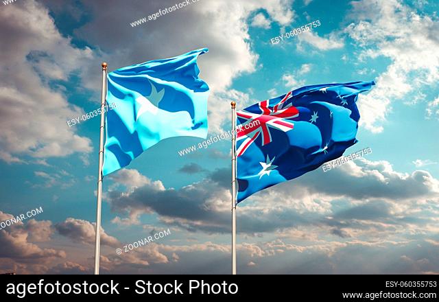 Beautiful national state flags of Somalia and Australia together at the sky background. 3D artwork concept