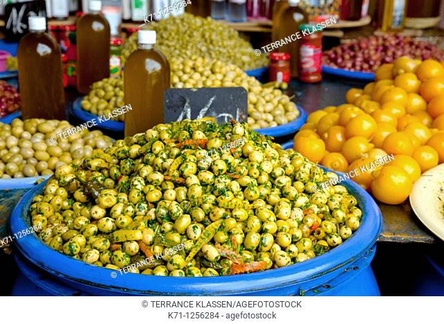 A variety of olives displayed and sold in the market of the Habous Quarter souq in Casablanca, Morocco
