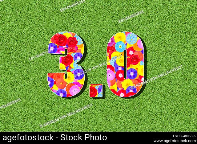 three point zero, 3. 0, next generation, as a graphic with colorful flowers on a green background. Illustration, symbolic for environmental protection