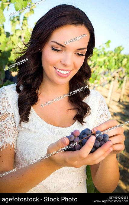 Young Adult Mixed Race Woman Enjoying The Wine Grapes in The Vineyard Outside