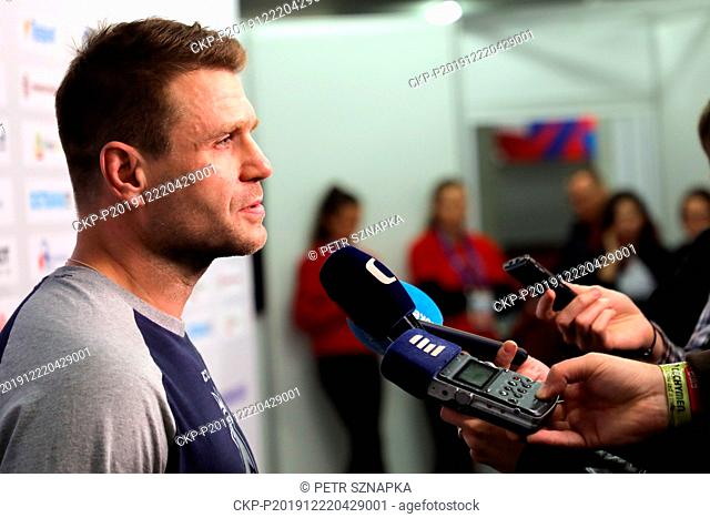Czech head coach Vaclav Varada speaks to journalists after a preliminary match Czech Republic vs Slovakia prior to the 2020 IIHF World Junior Ice Hockey...