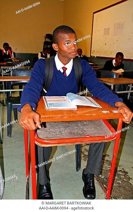 School boy reading in classroom, St Mark's School, Mbabane, Hhohho, Kingdom of Swaziland