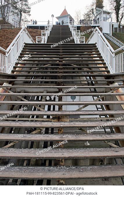14 November 2018, Mecklenburg-Western Pomerania, Sellin: A staircase by the Sellin pier. With a 394 meter long jetty and several restaurants and cafes
