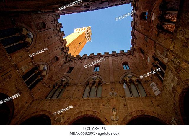 Europe, Italy, Tuscany. Torre del Mangia in Siena from Palazzo Pubblico