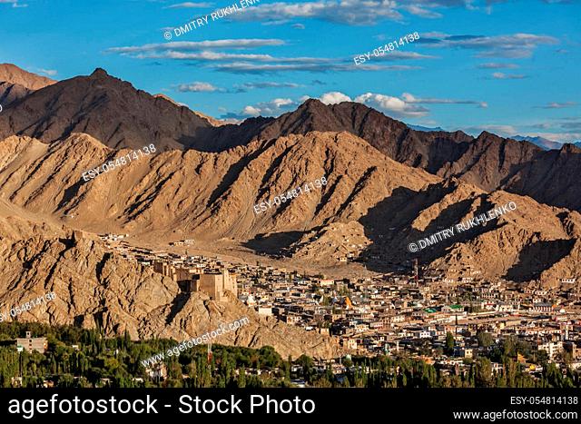 View of Leh from above from Shanti Stupa on sunset. Ladakh, Jammu and Kashmir, India