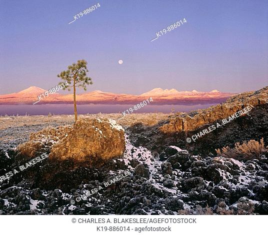 Moonset at Sunrise over Cascade Mountains, Newberry National Volcanic Monument:  Deschutes National Forest, Oregon, U.S.A