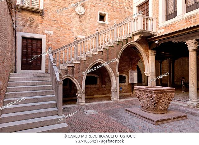 The courtyard of Ca' d'Oro golden house palace, correctly Palazzo Santa Sofia, is a palace on the Grand Canal in Venice, Italy, Europe