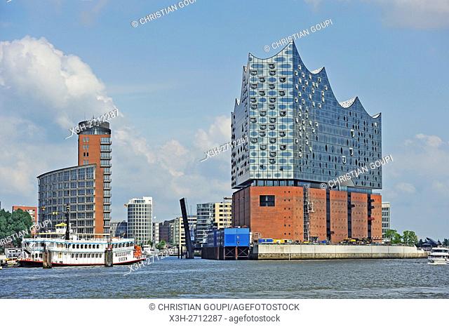 Elbphilharmonie, a concert hall built on top of an old warehouse building (by Swiss architecture firm Herzog & de Meuron), view from a ferry on Elbe river
