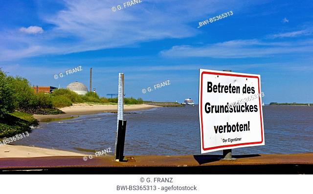 nuclear power station at the Elbe; sign trespassing forbidden, Germany, Lower Saxony