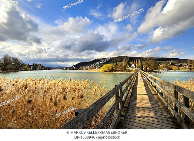 Wooden bridge to the Werd monastery island in Stein am Rhein, Eschenz, Canton Thurgau, Switzerland, Europe